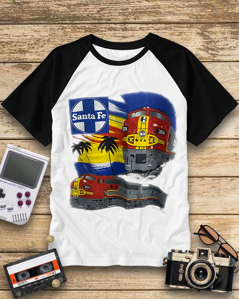 TheRetroTee 1990s Santa Fe Railroad 304 Train Raglan Baseball T-Shirt