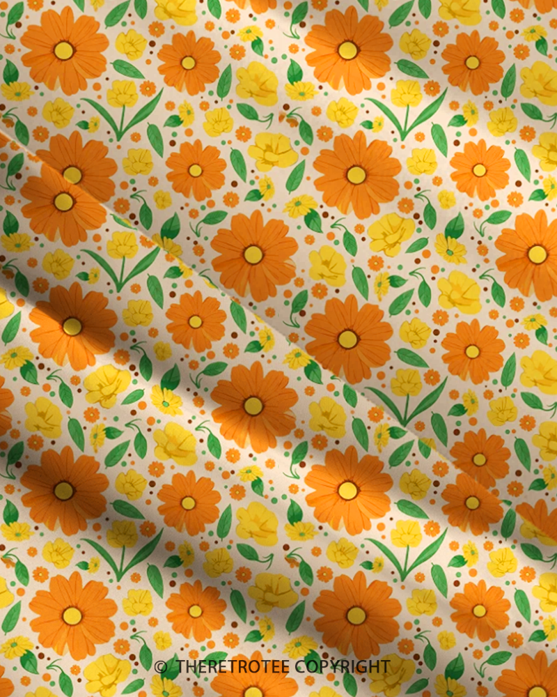 TheRetroTee 1970s Retro Groovy Orange Daisy Floral Boho Strappy Maxi Dress