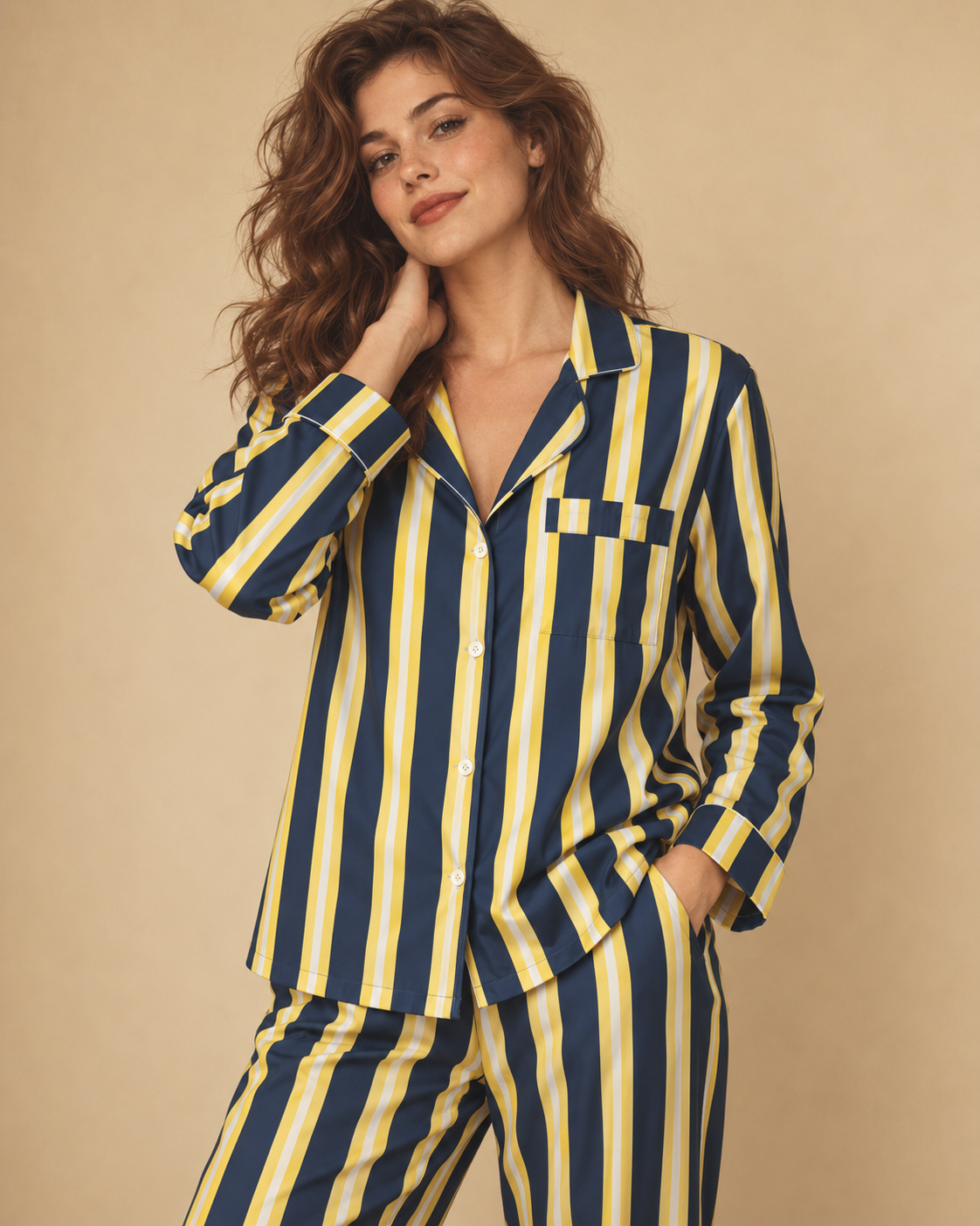 TheRetroTee Navy Golden Cream Stripe Vintage Pajama Set