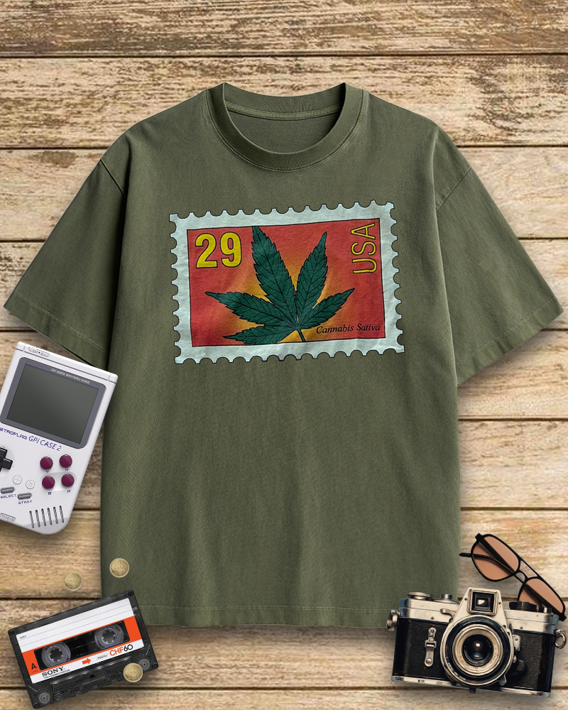 TheRetroTee Vintage 1993 Sativa Cannabis Postal Stamp Nostalgic T-Shirt
