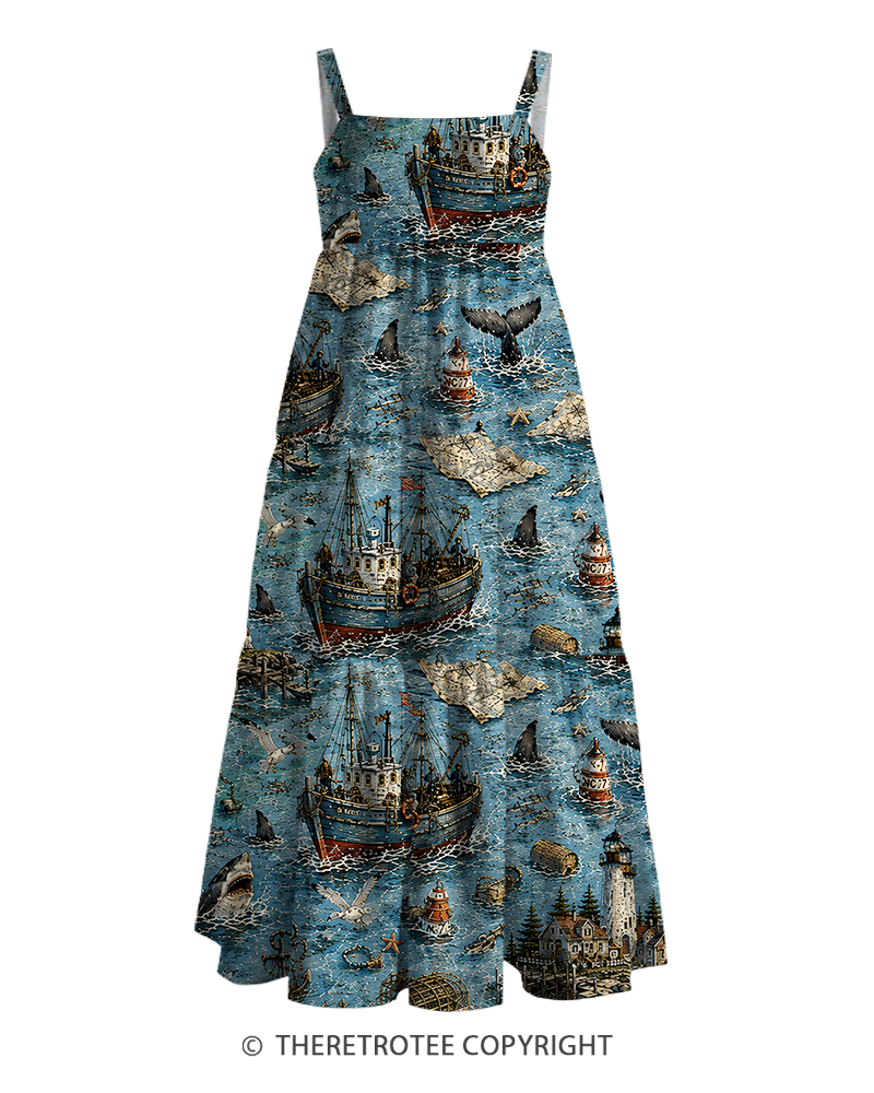 TheRetroTee Vintage Graphic Nautical Adventure Maxi Dress