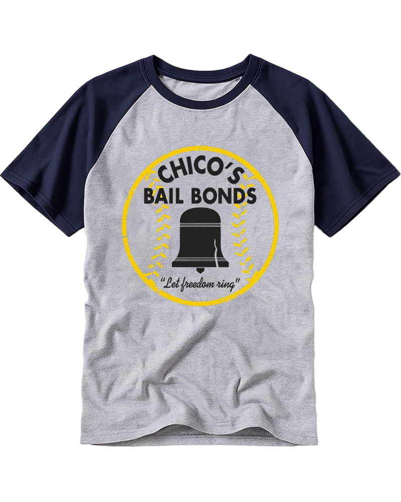 TheRetroTee Chico's Bail Bonds Raglan Baseball T-Shirt