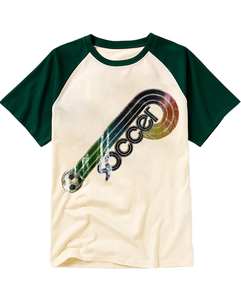 TheRetroTee 70s-80s Rainbow Glitter Soccer Iron Raglan Baseball T-Shirt