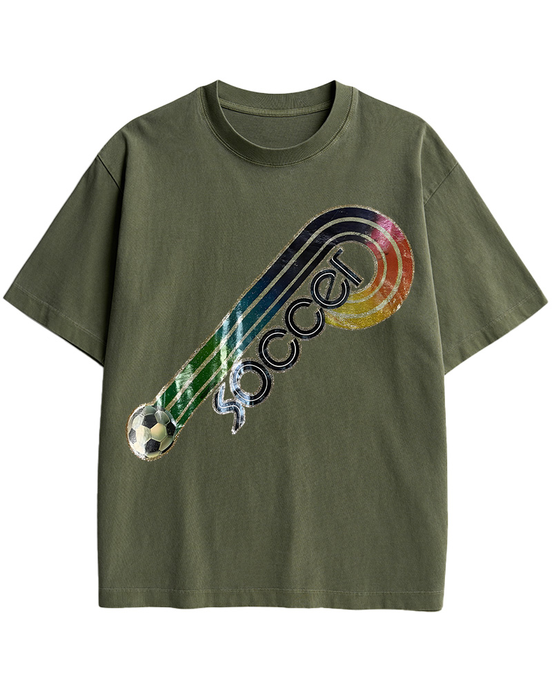 TheRetroTee 70s-80s Rainbow Glitter Soccer Iron Cotton T-Shirt