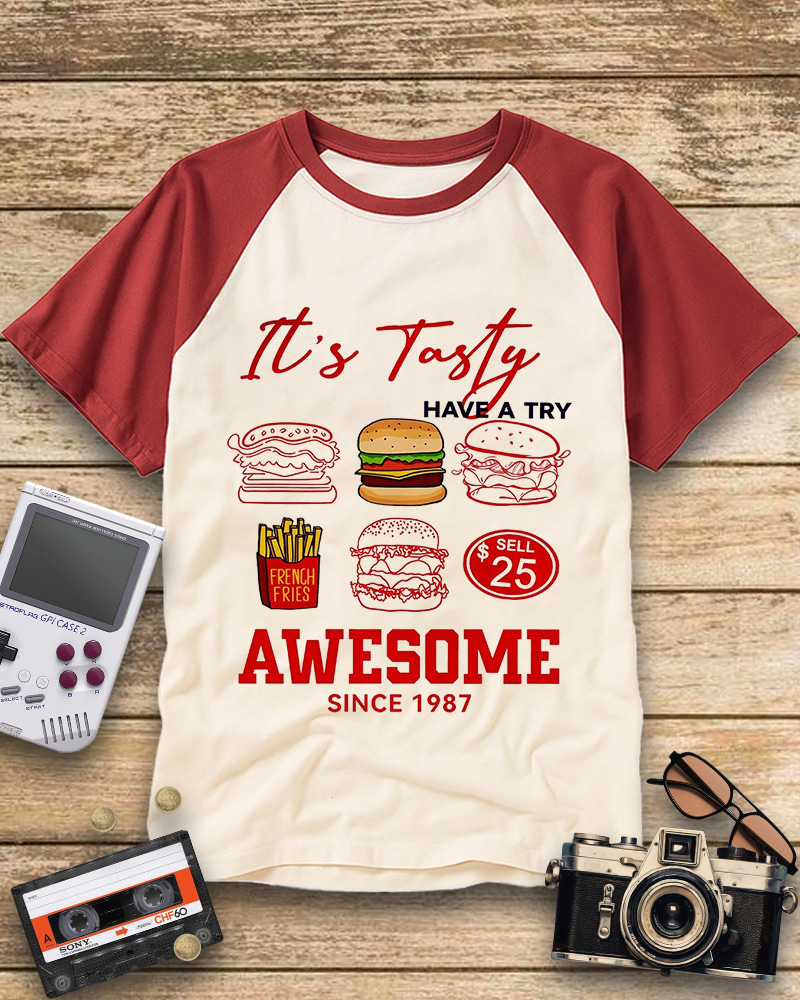 TheRetroTee Hamburger 1980s Raglan Baseball T-Shirt