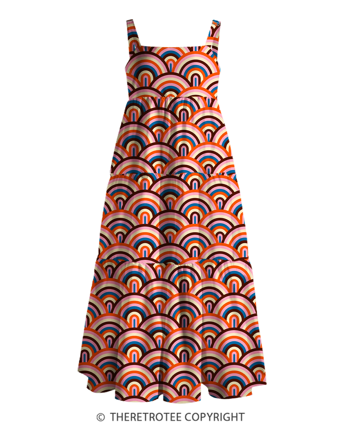 TheRetroTee 1970s Retro Groovy Rainbow Arc Geometric Boho Strappy Maxi Dress