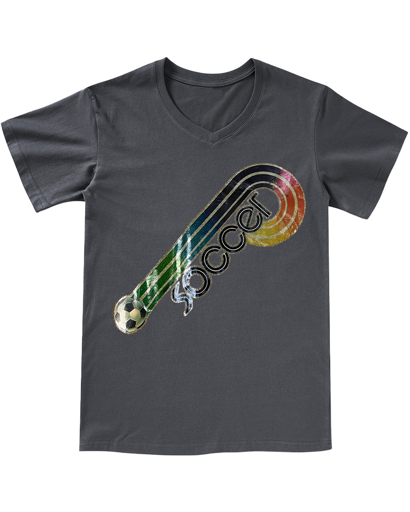 TheRetroTee 70s-80s Rainbow Glitter Soccer Iron V-neck T-Shirt