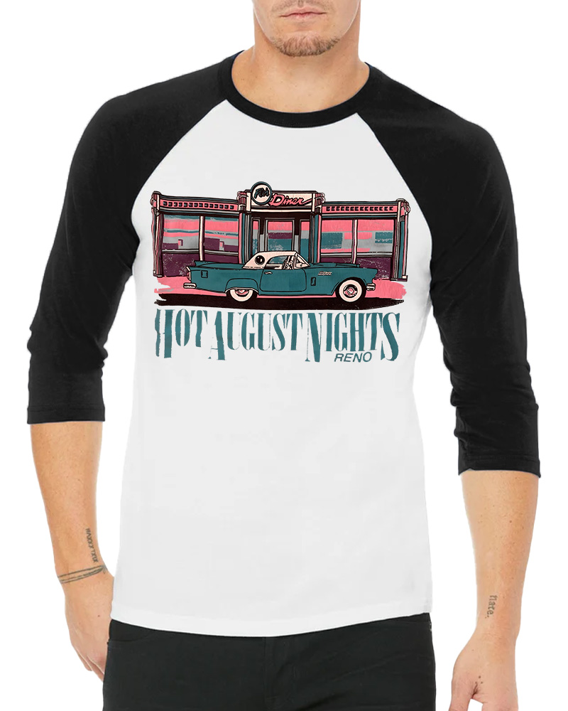 TheRetroTee Hot August Nights Reno Diner 1950s Long Sleeve Raglan T-Shirt