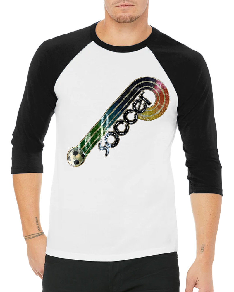 TheRetroTee 70s-80s Rainbow Glitter Soccer Iron Long Sleeve Raglan T-Shirt