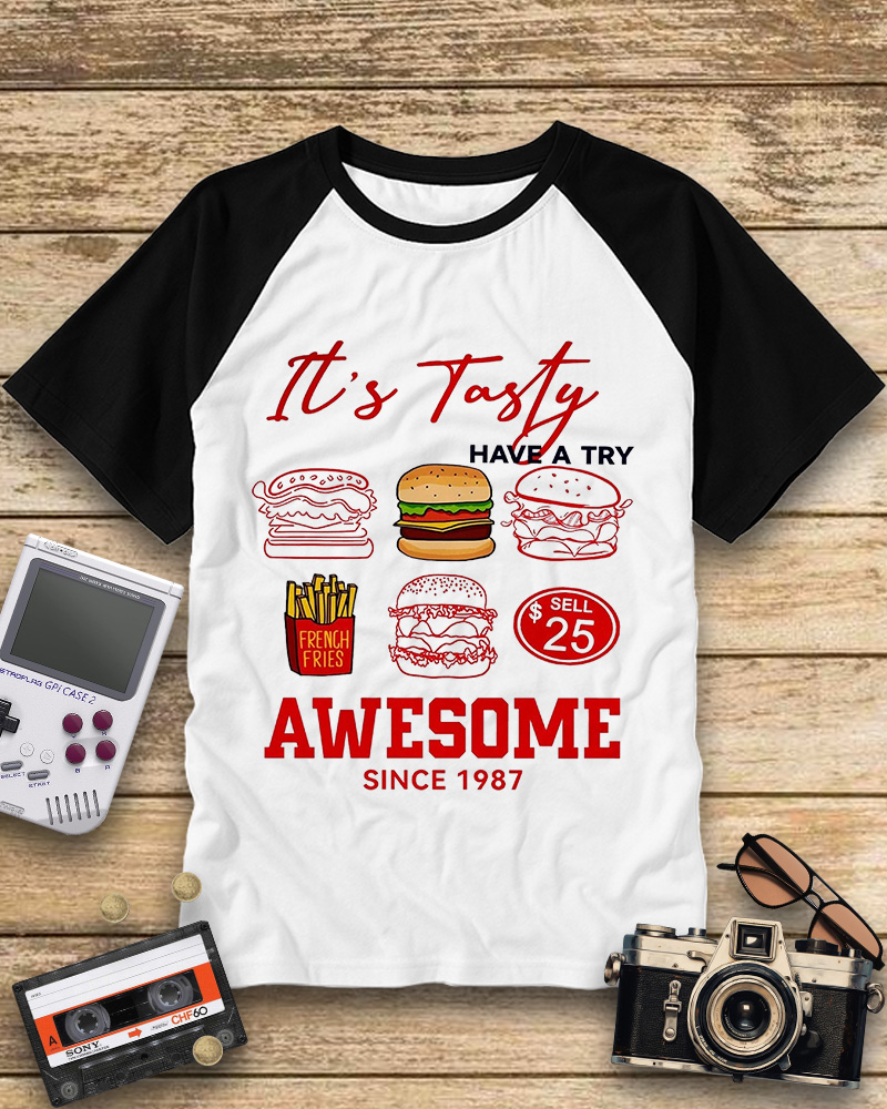 TheRetroTee Hamburger 1980s Raglan Baseball T-Shirt