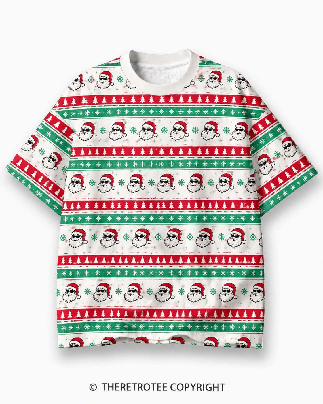 TheRetroTee Santa Ho ho Pattern Christmas Eco Oversized Striped Ringer T-Shirt