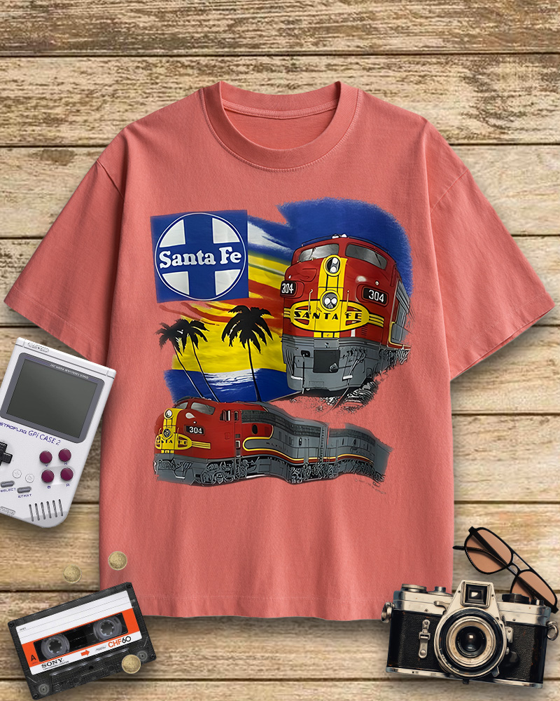 TheRetroTee 1990s Santa Fe Railroad 304 Train Cotton T-Shirt