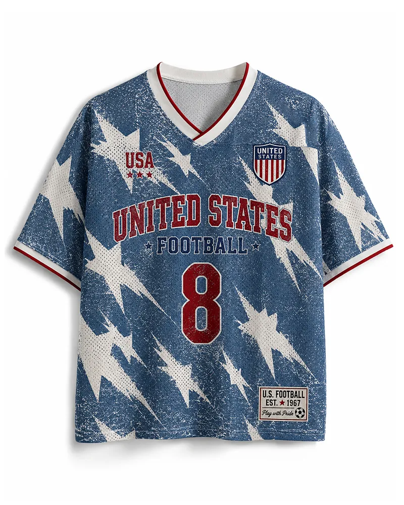 TheRetroTee USA-Inspired Vintage Patriotic Star Print #8 Mesh Jersey