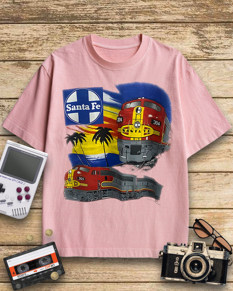 TheRetroTee 1990s Santa Fe Railroad 304 Train Cotton T-Shirt