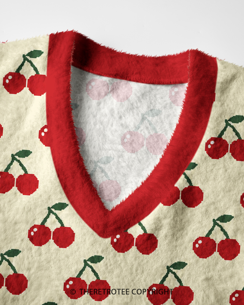 TheRetroTee Vintage 1970s Cream Cherry Picnic V-Neck Sweater Vest