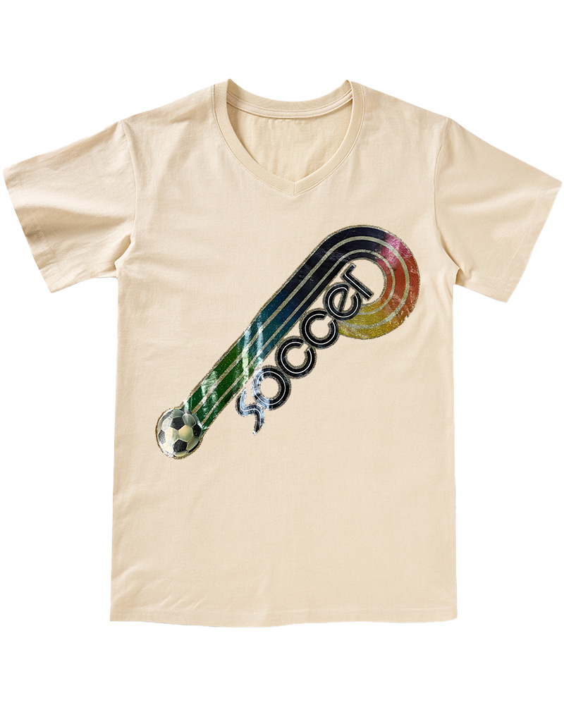 TheRetroTee 70s-80s Rainbow Glitter Soccer Iron V-neck T-Shirt