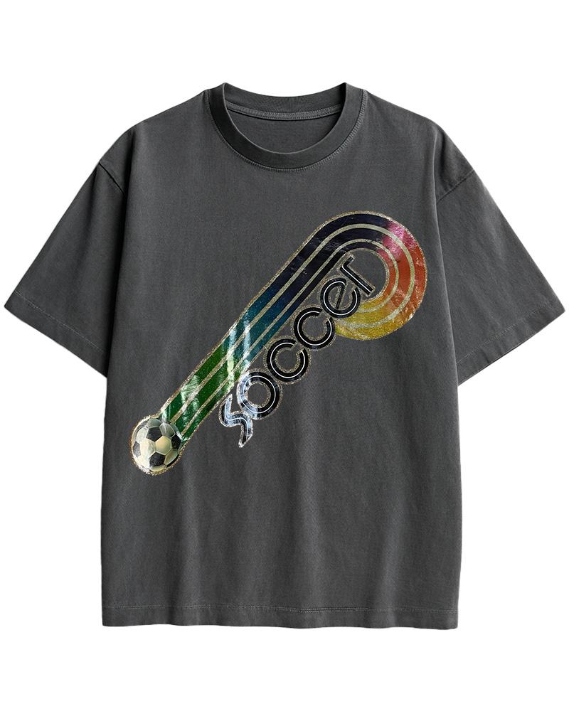 TheRetroTee 70s-80s Rainbow Glitter Soccer Iron Cotton T-Shirt