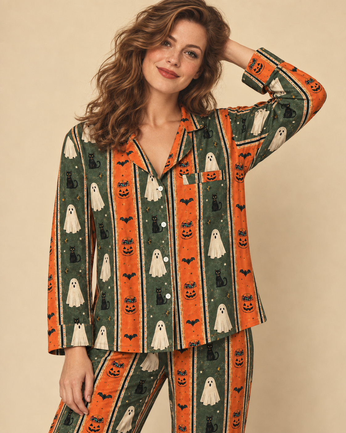 TheRetroTee Halloween Ghost Cat Stripe Vintage Pajama Set