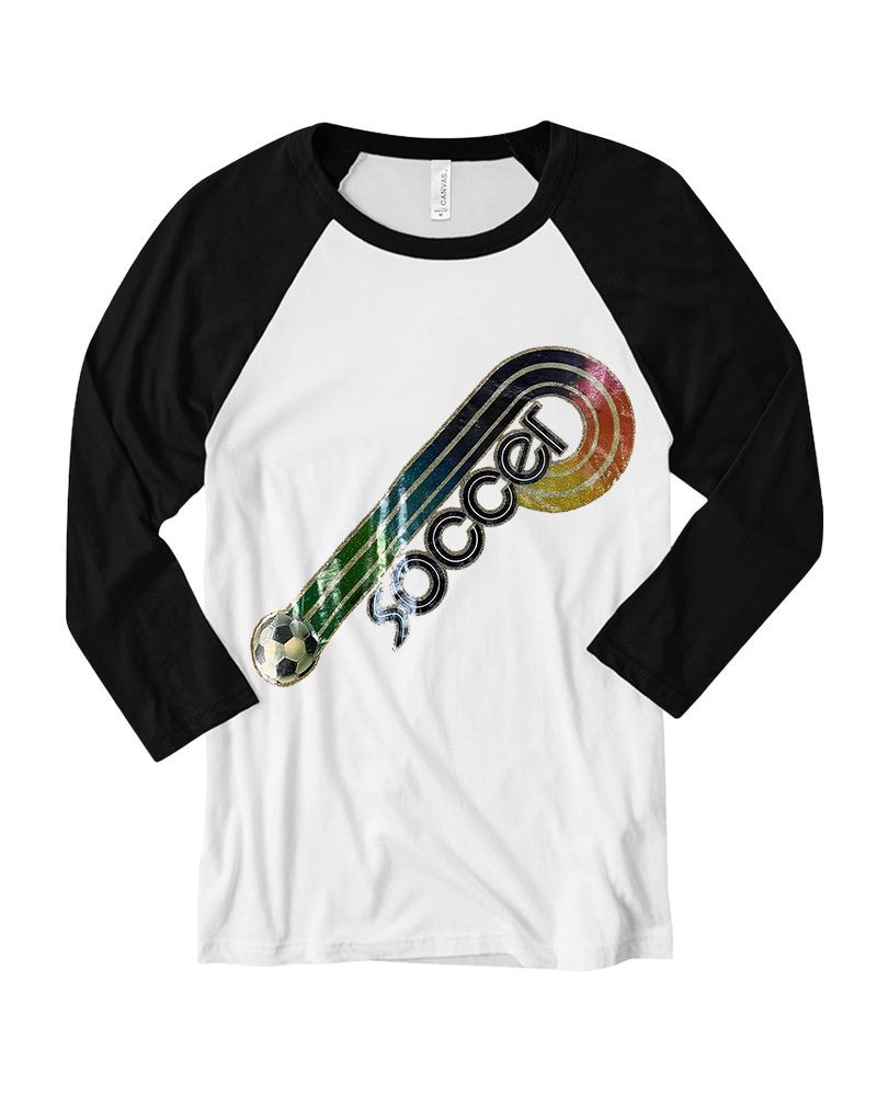 TheRetroTee 70s-80s Rainbow Glitter Soccer Iron Long Sleeve Raglan T-Shirt
