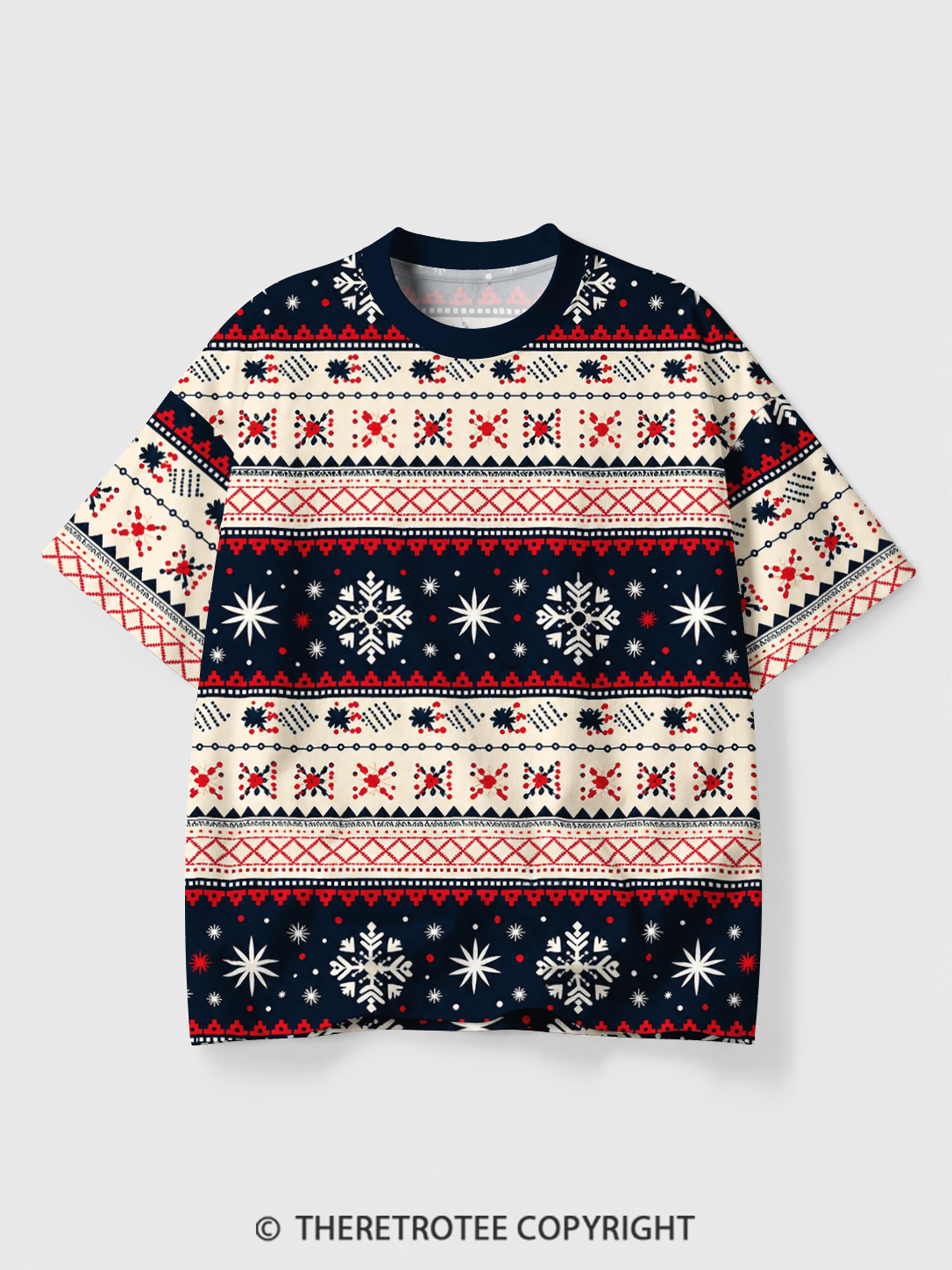 TheRetroTee Christmas Tree Fair Isle Eco Oversized Striped Ringer T-Shirt