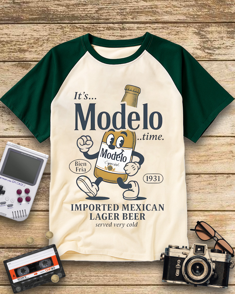 TheRetroTee Modelo Time Beer 1950s Raglan Baseball T-Shirt