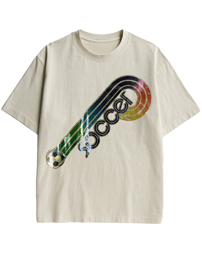 TheRetroTee 70s-80s Rainbow Glitter Soccer Iron Cotton T-Shirt