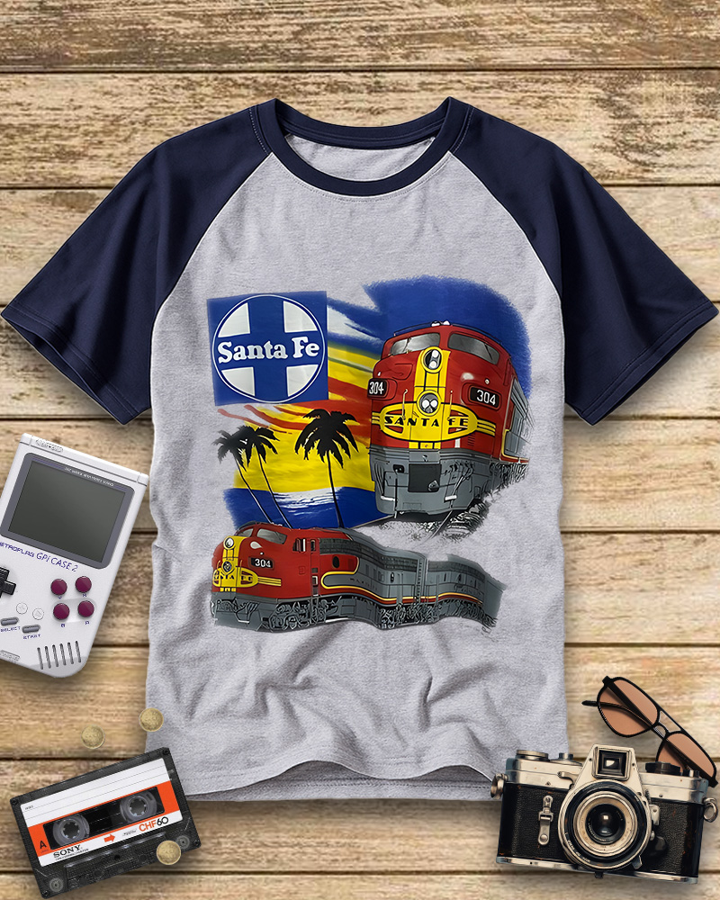 TheRetroTee 1990s Santa Fe Railroad 304 Train Raglan Baseball T-Shirt