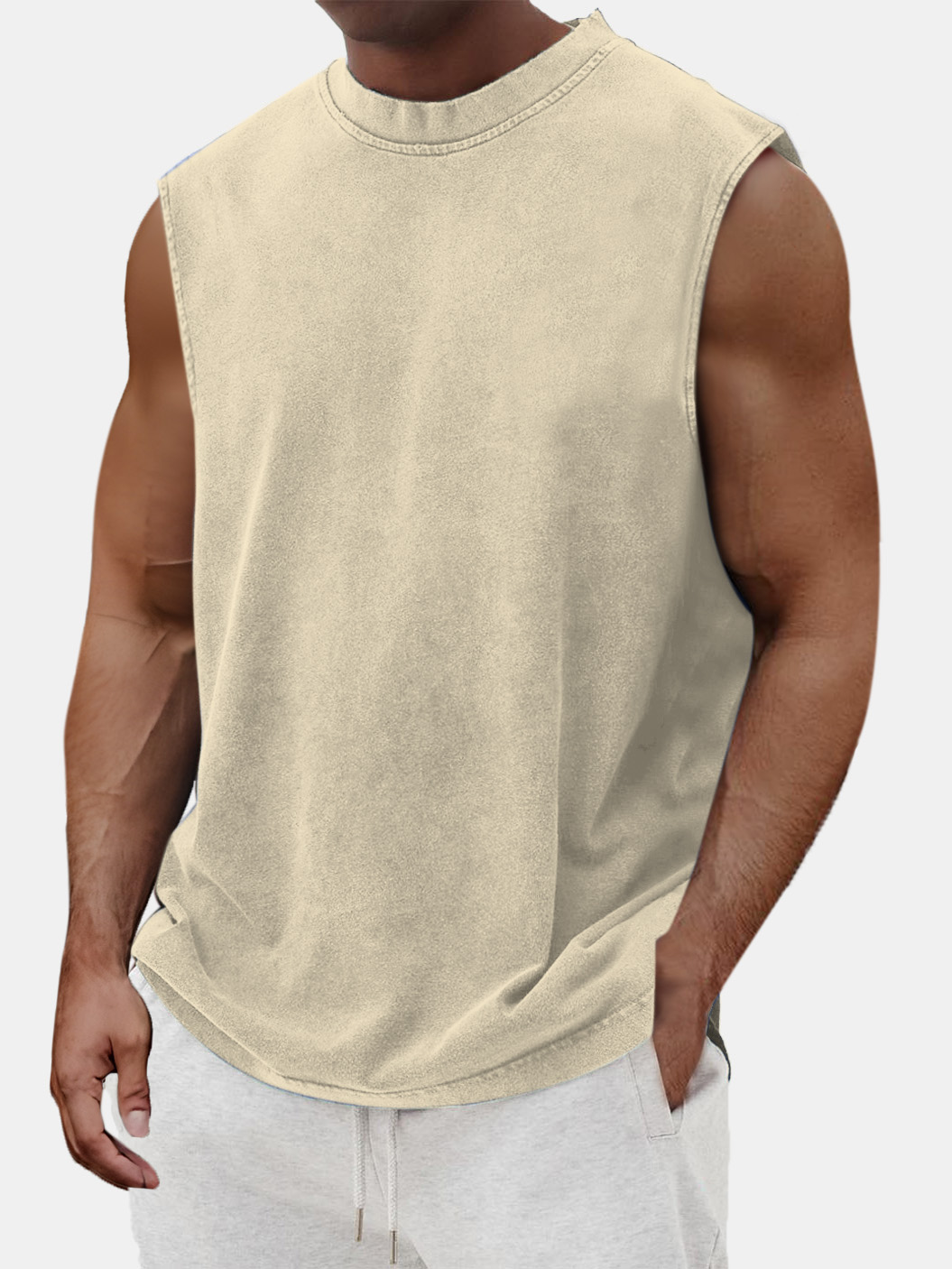 Men's Cotton Basic Washed Distressed Round Neck Sleeveless T-shirt