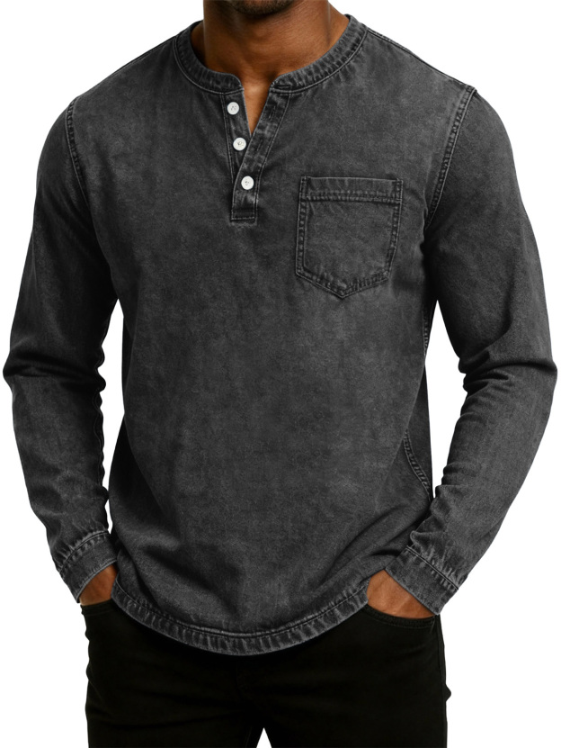 Men's Retro Fashion Washed Distressed Henley Collar Long Sleeve T-Shirt