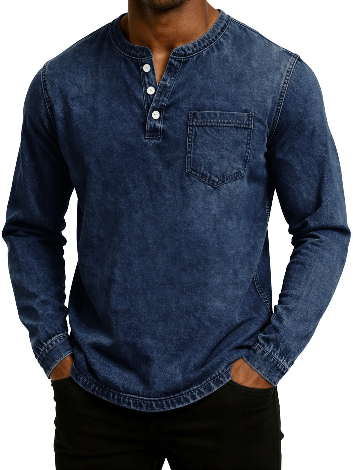 Men's Retro Fashion Washed Distressed Henley Collar Long Sleeve T-Shirt