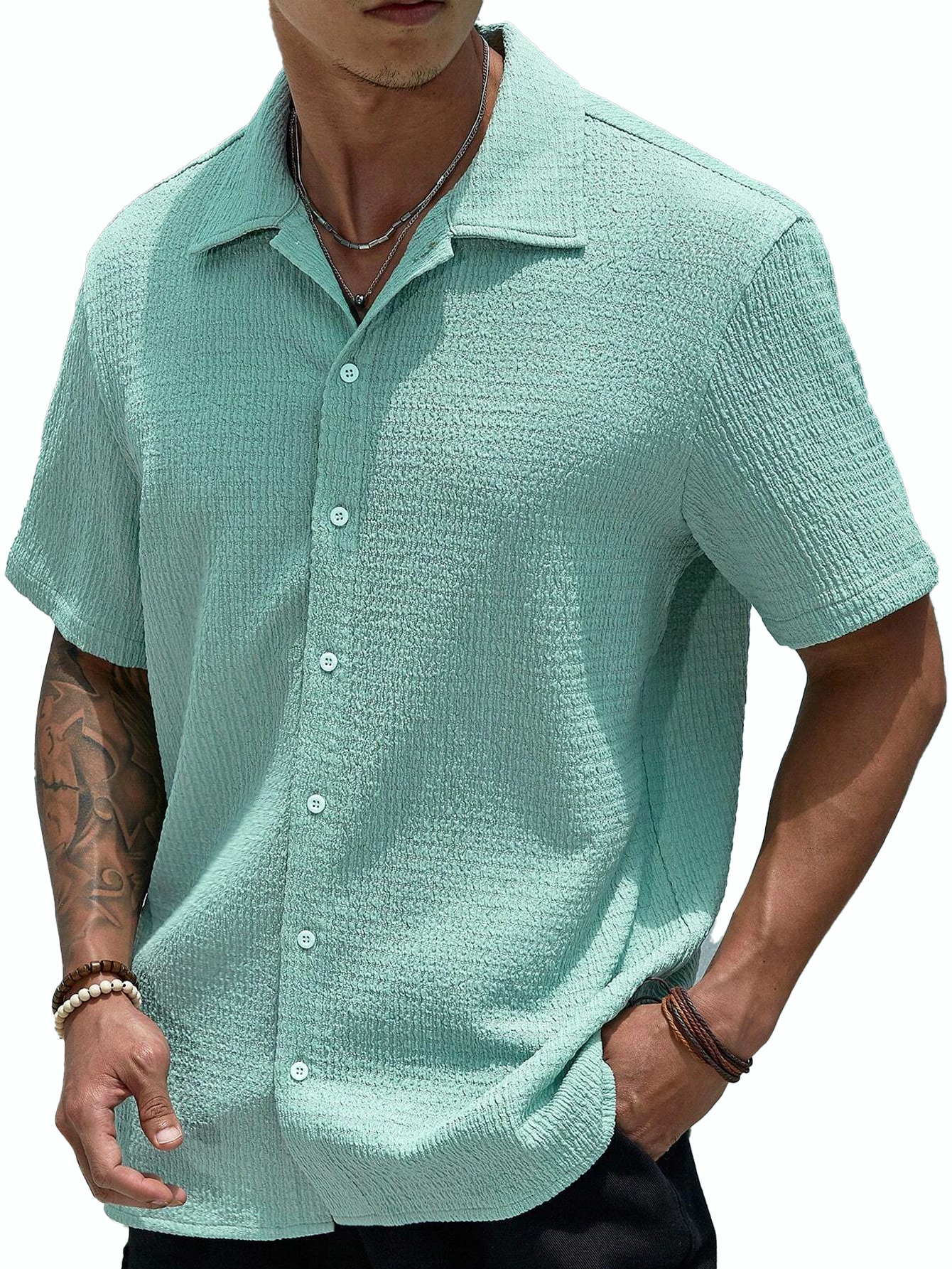Stylish Men's Pleated Casual Lapel Short Sleeve Shirt