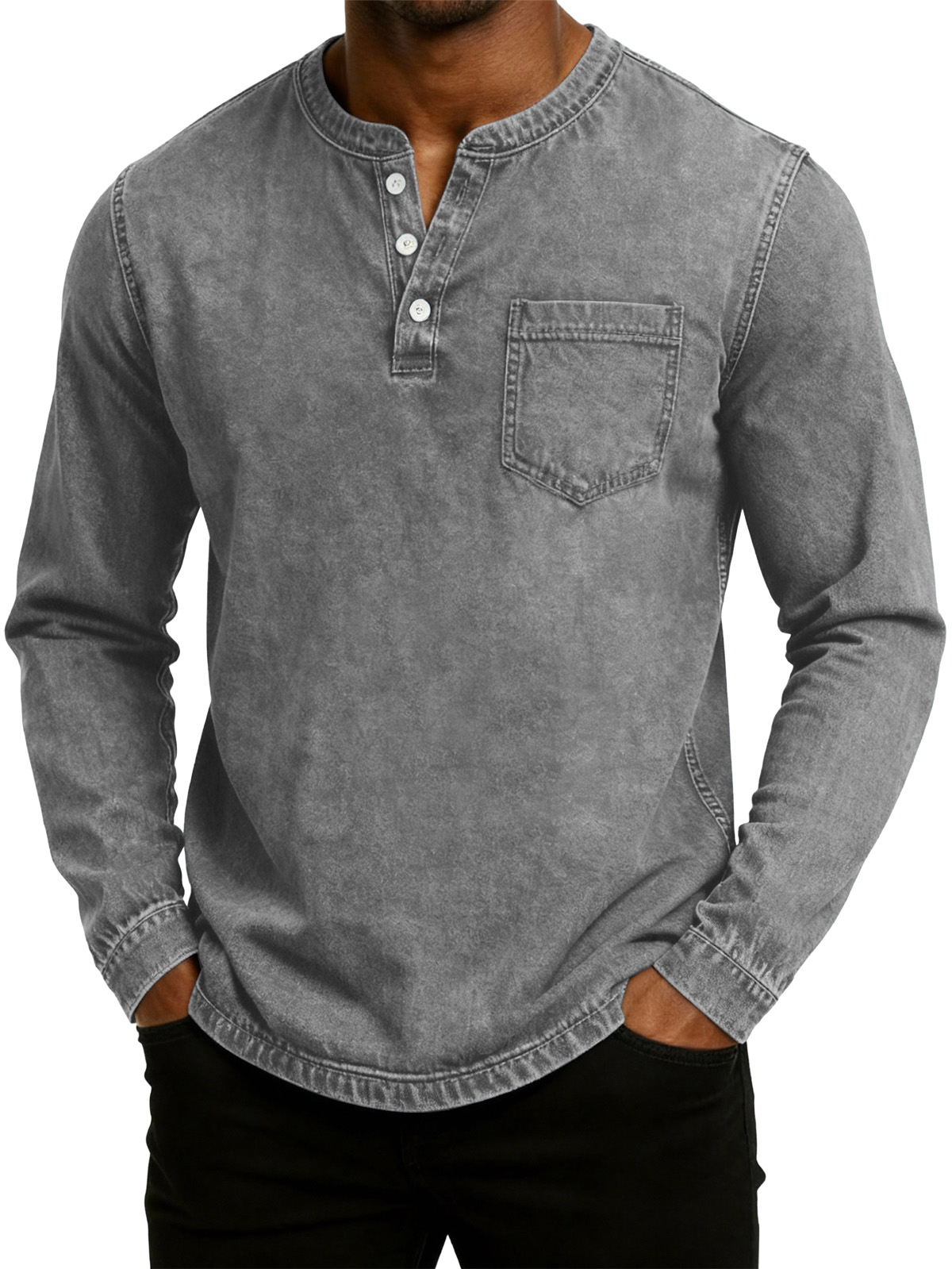 Men's Retro Fashion Washed Distressed Henley Collar Long Sleeve T-Shirt