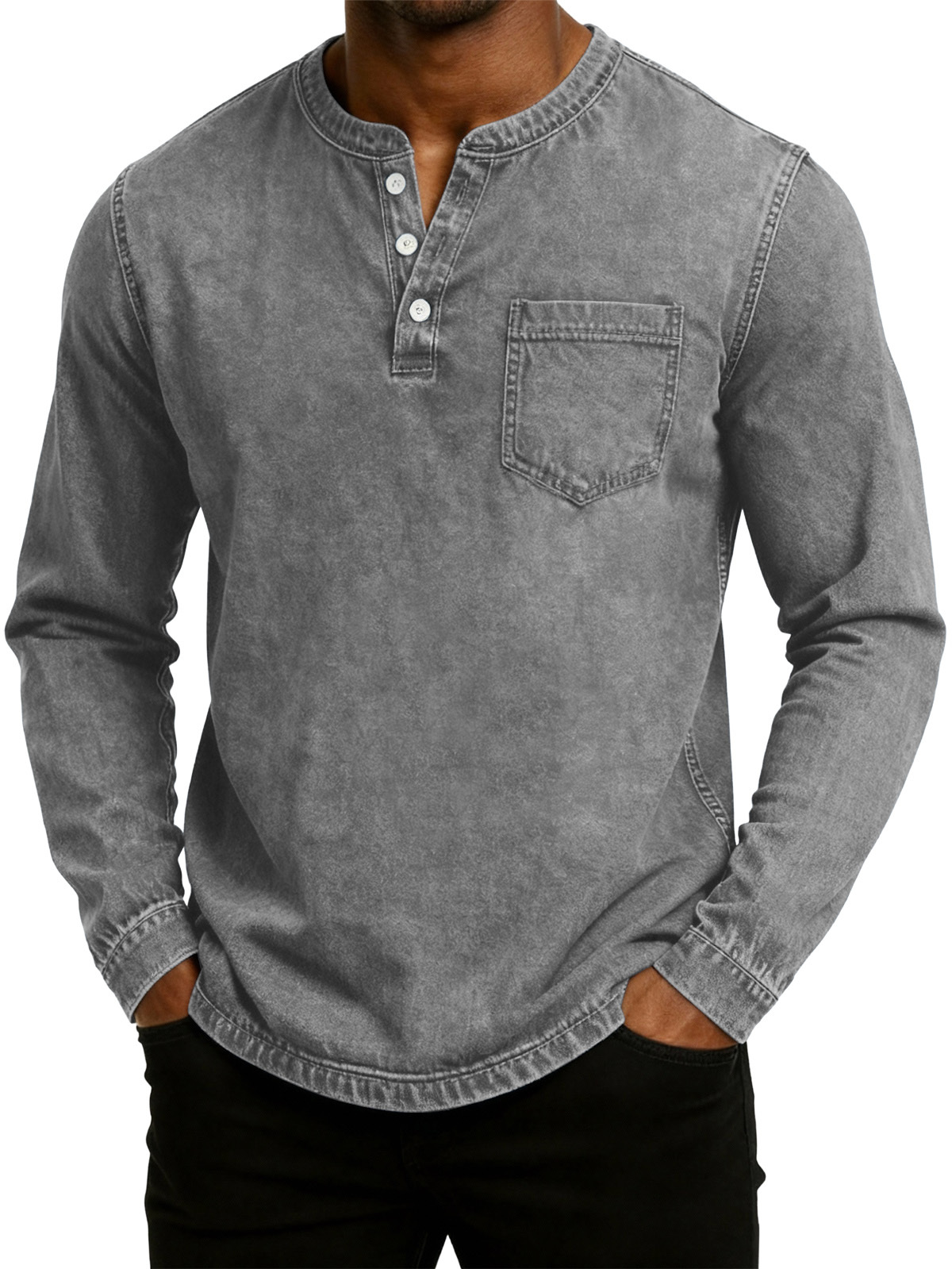 Men's Retro Fashion Washed Distressed Henley Collar Long Sleeve T-Shirt
