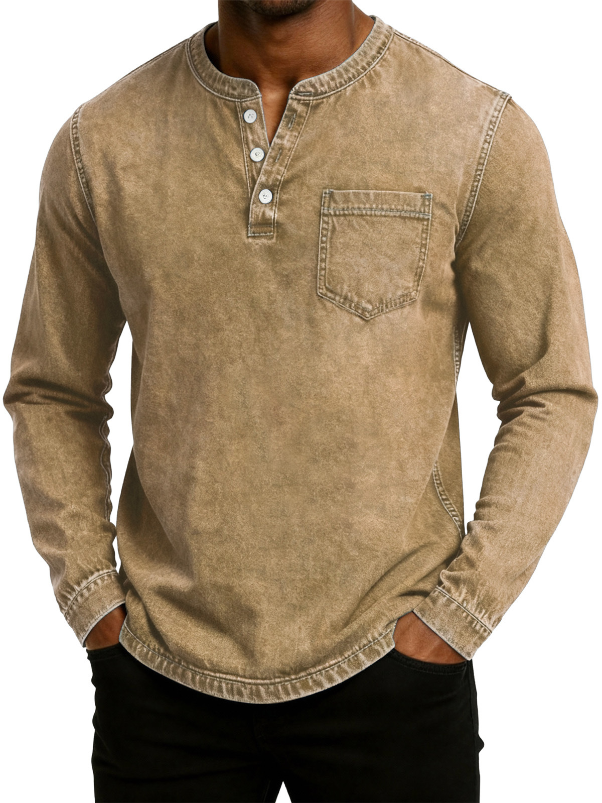 Men's Retro Fashion Washed Distressed Henley Collar Long Sleeve T-Shirt