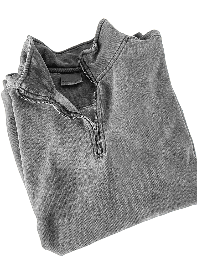 Men's Quarter Zip Distressed Washed Cotton Zipper Long Sleeve Sweatshirt