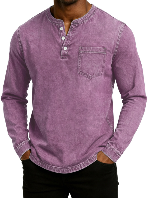 Men's Retro Fashion Washed Distressed Henley Collar Long Sleeve T-Shirt