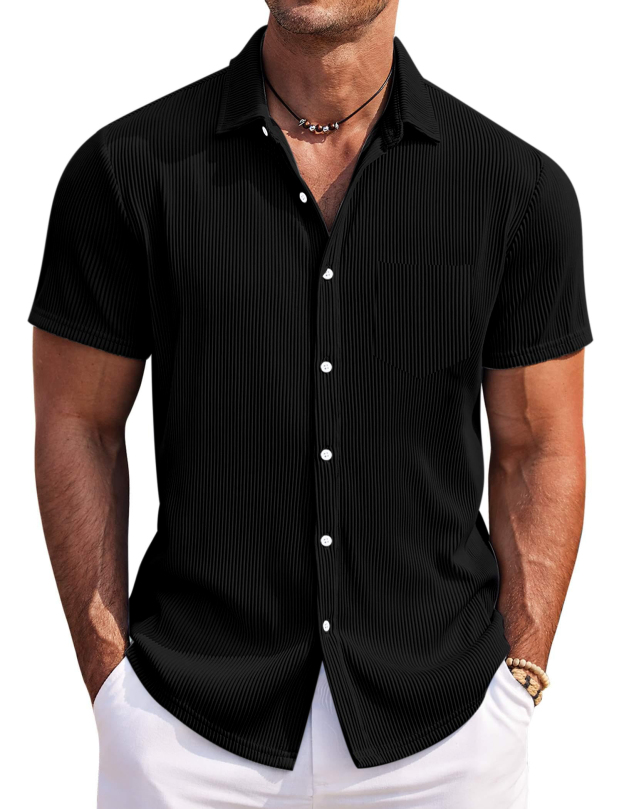 Men's Solid Color Loose And Comfortable Vertical Striped Short-sleeved Shirt
