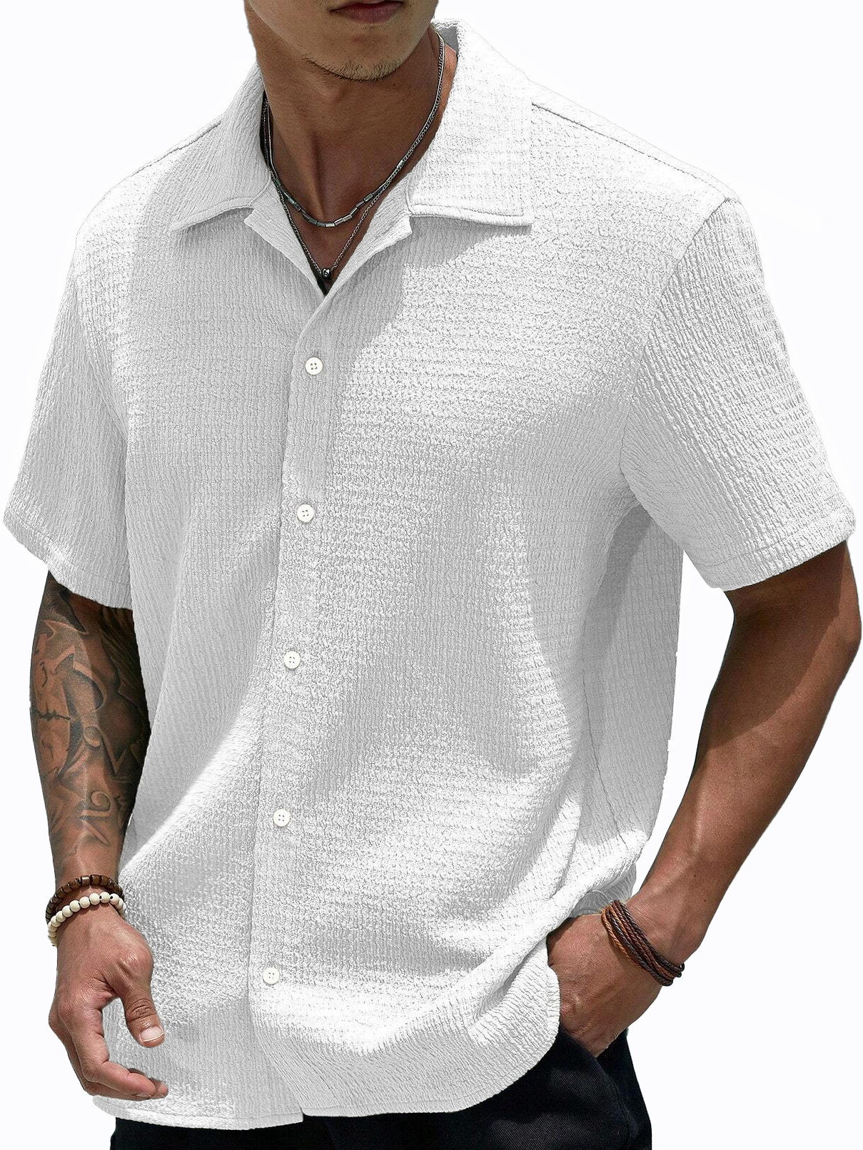 Stylish Men's Pleated Casual Lapel Short Sleeve Shirt