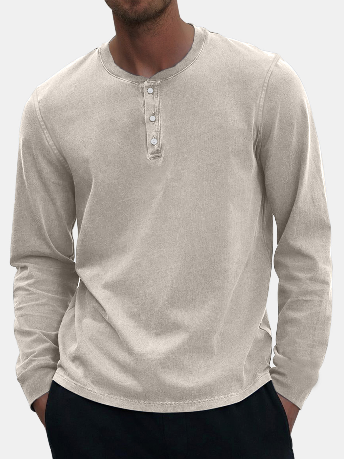 Men's Vintage Distressed Casual Button Down Long Sleeve Henley Shirt