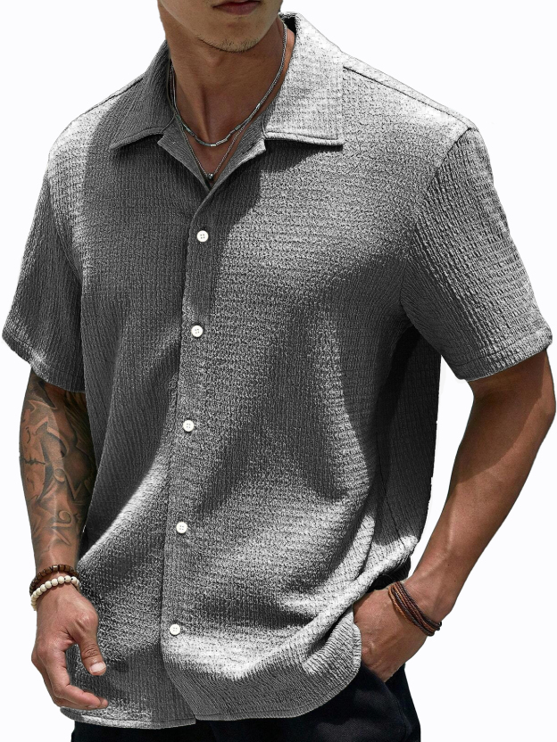 Stylish Men's Pleated Casual Lapel Short Sleeve Shirt
