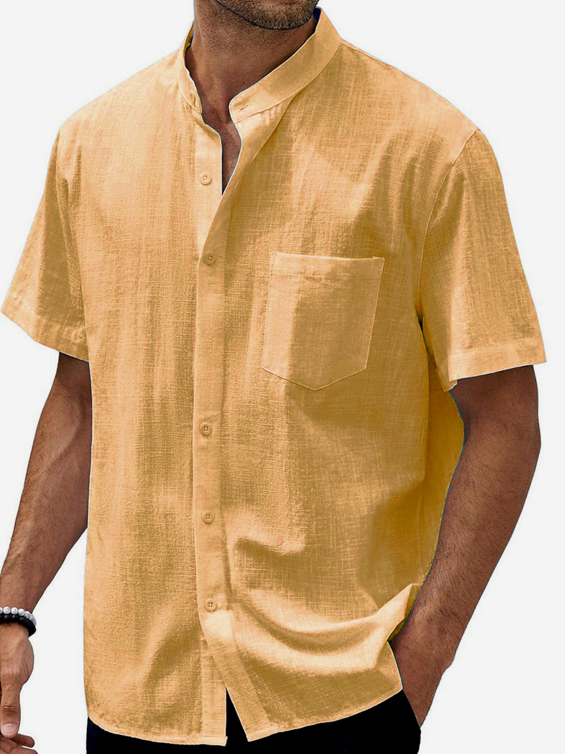 Men's Solid Color Stand Collar Pocket Cotton Linen Casual Short Sleeve Shirt