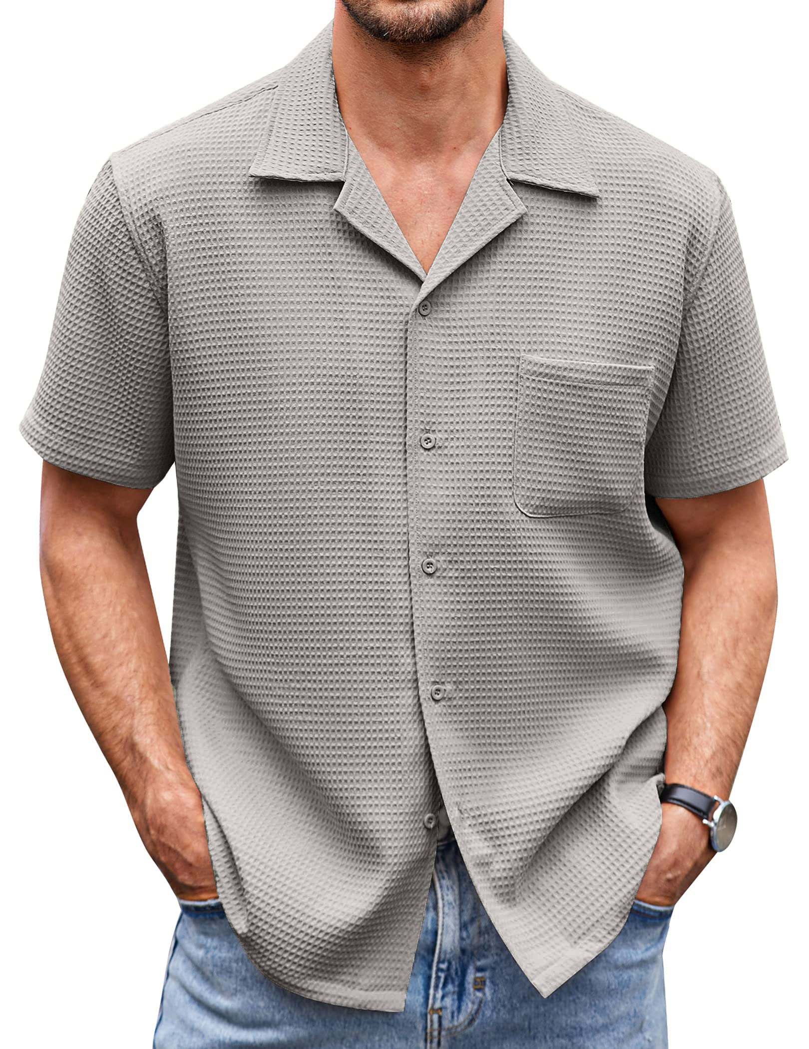 Men's Cuban Collar Pocket Waffle Weave Fabric Casual Comfort Daily Shirt