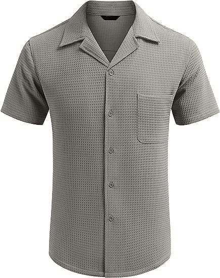 Men's Cuban Collar Pocket Waffle Weave Fabric Casual Comfort Daily Shirt