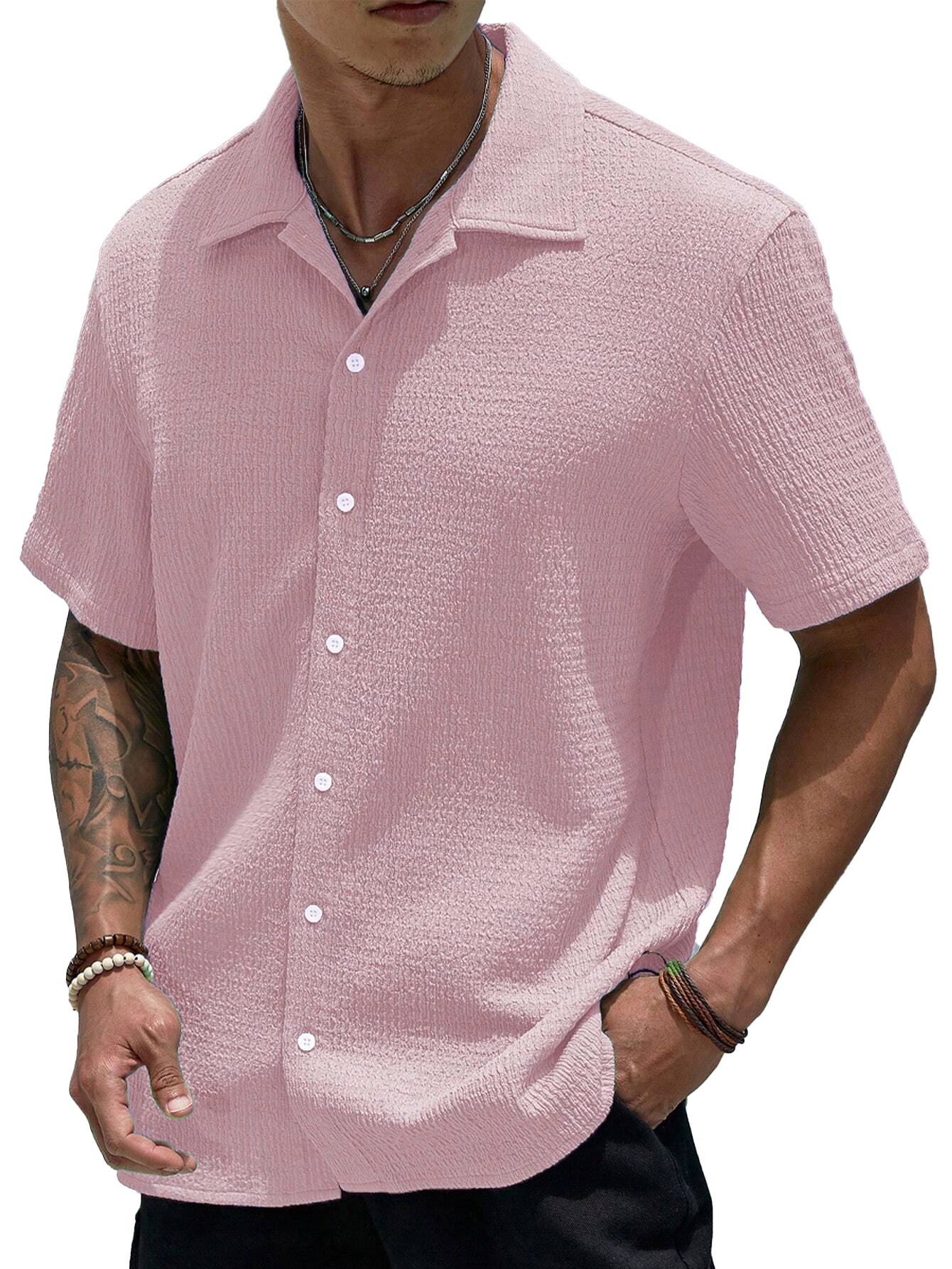Stylish Men's Pleated Casual Lapel Short Sleeve Shirt