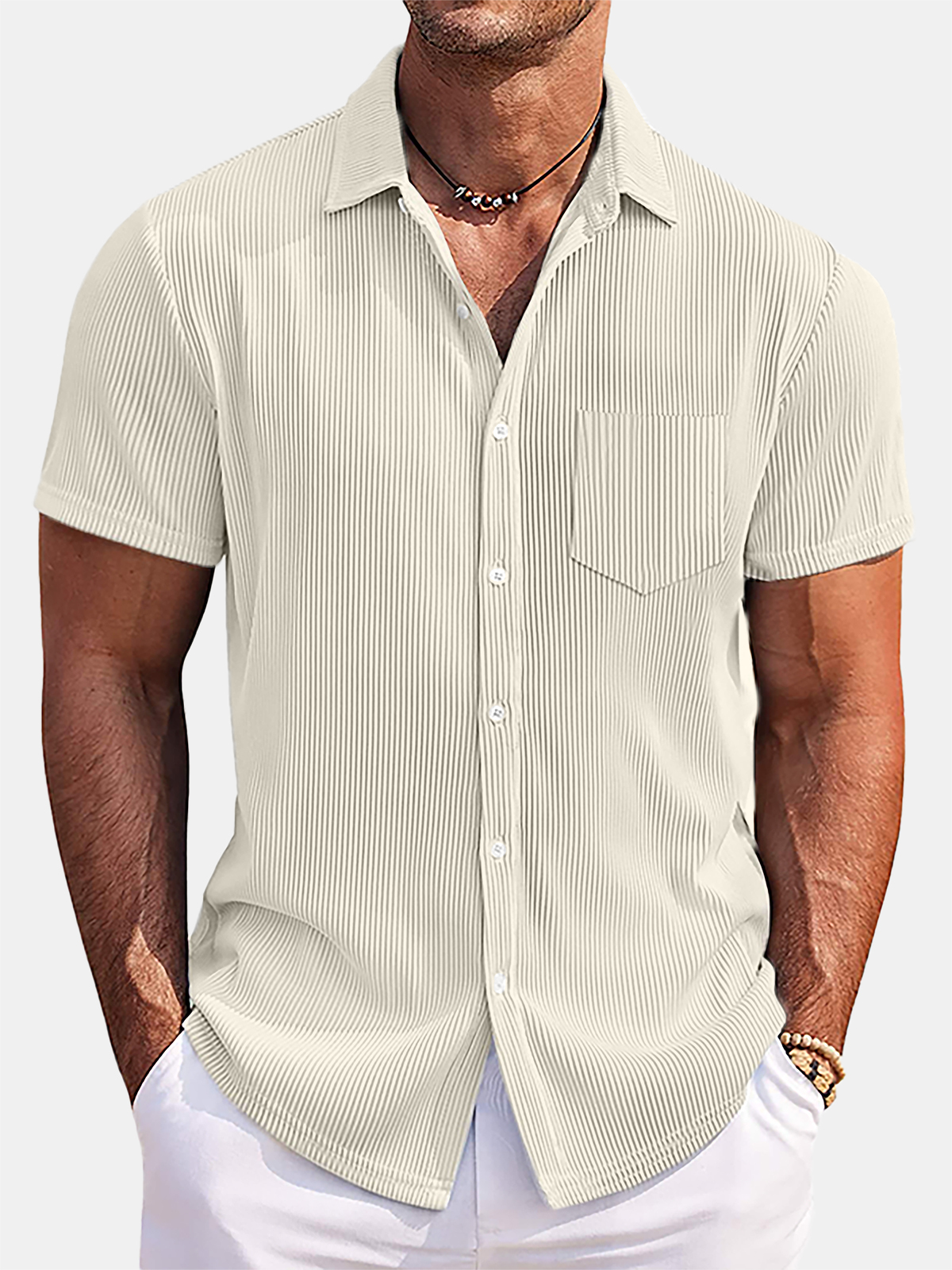 Men's Solid Color Loose And Comfortable Vertical Striped Short-sleeved Shirt