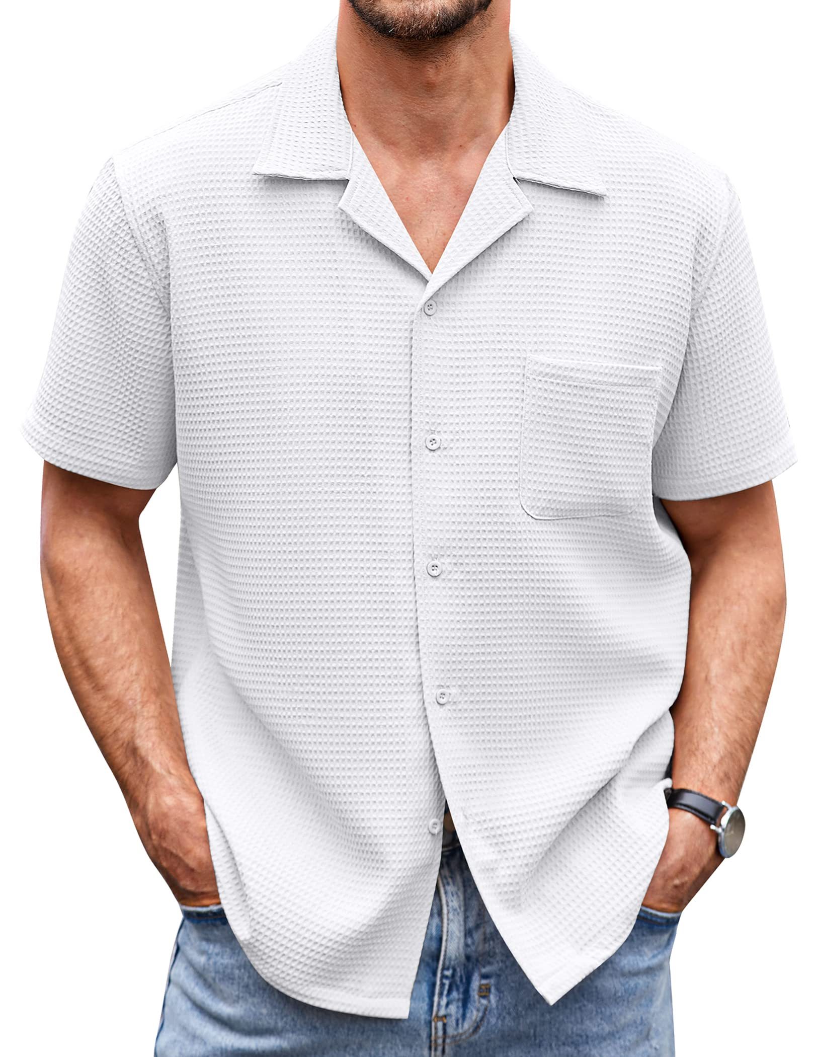 Men's Cuban Collar Pocket Waffle Weave Fabric Casual Comfort Daily Shirt