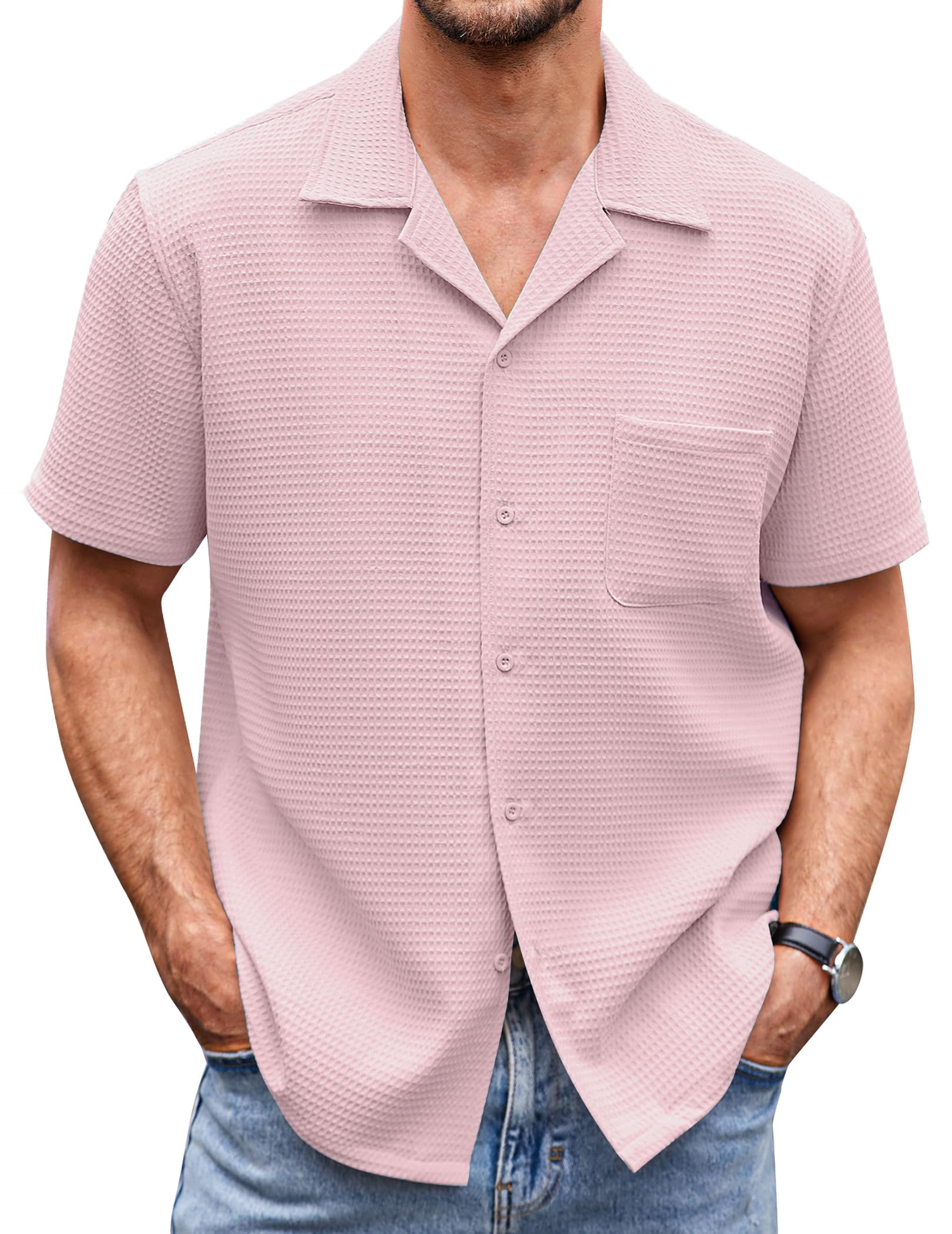 Men's Cuban Collar Pocket Waffle Weave Fabric Casual Comfort Daily Shirt