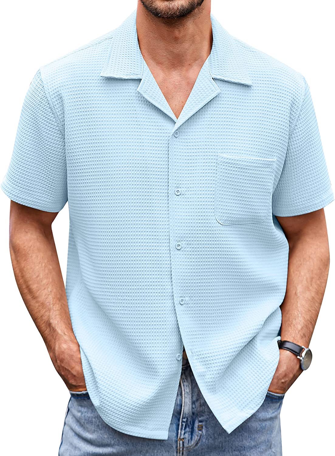 Men's Cuban Collar Pocket Waffle Weave Fabric Casual Comfort Daily Shirt