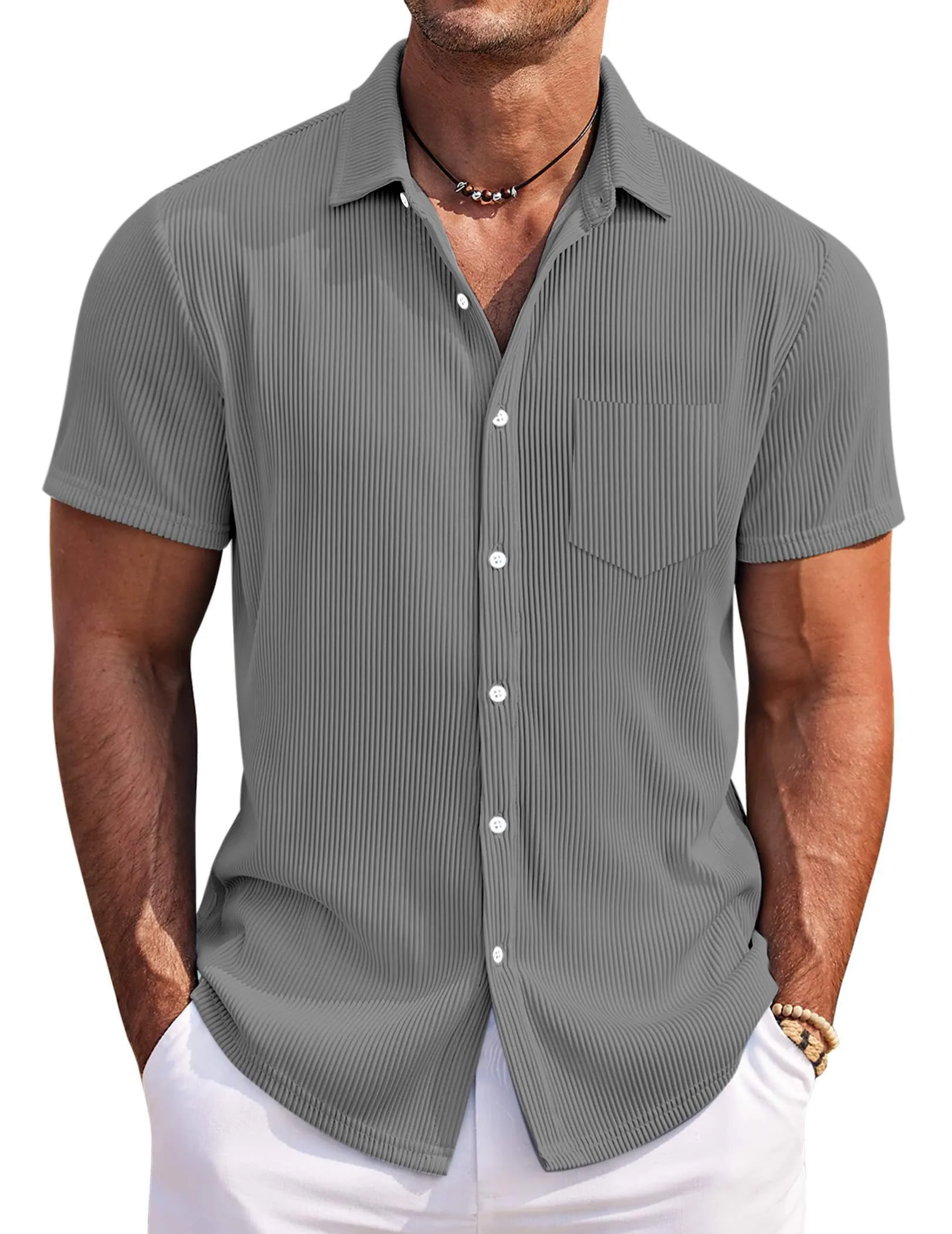 Men's Solid Color Loose And Comfortable Vertical Striped Short-sleeved Shirt