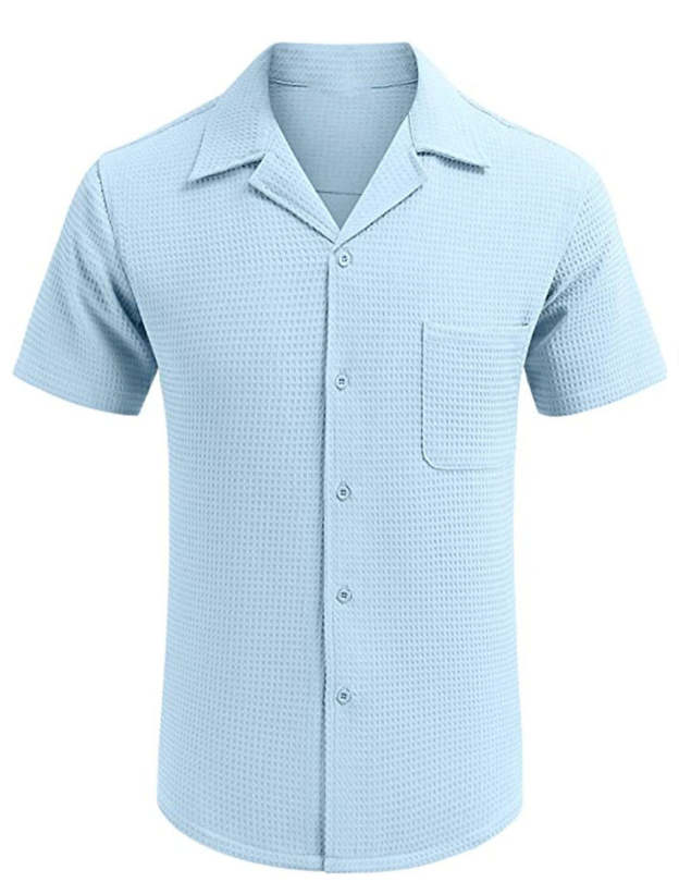Men's Cuban Collar Pocket Waffle Weave Fabric Casual Comfort Daily Shirt